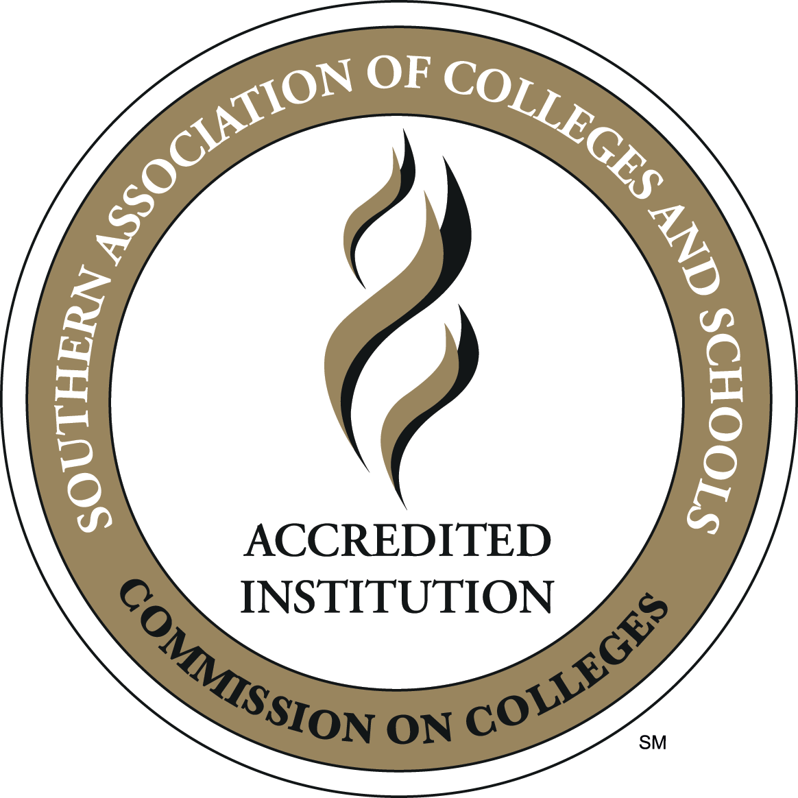 sacscoc accreditation log guilded flames risze from a torch with the accreditation wording on the edge